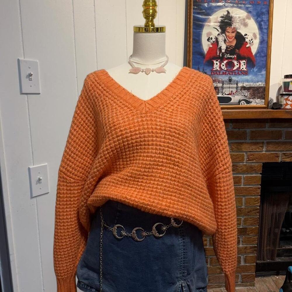 American Eagle orange knit oversized chunky waffle knit sweater Size XL
